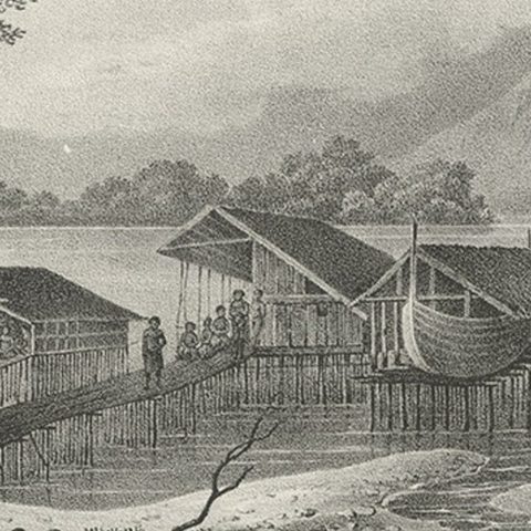 Original Lithograph with a Scene of a Village and Harbour in New Guinea, c.1836, close-up 3