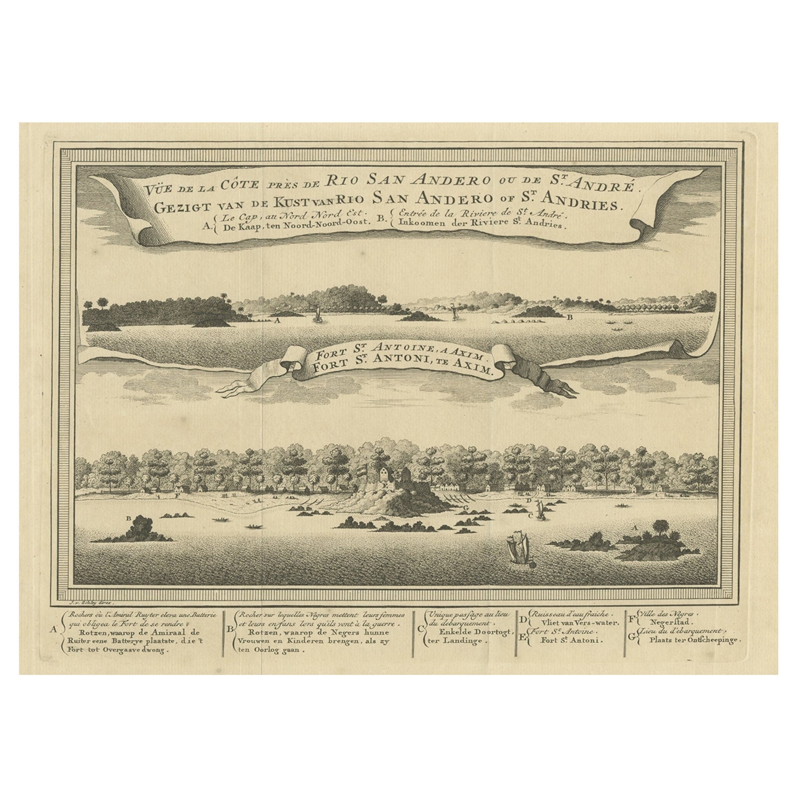 Antique Print of a Fort on the Ivory Coast and Axim, Africa, 1748