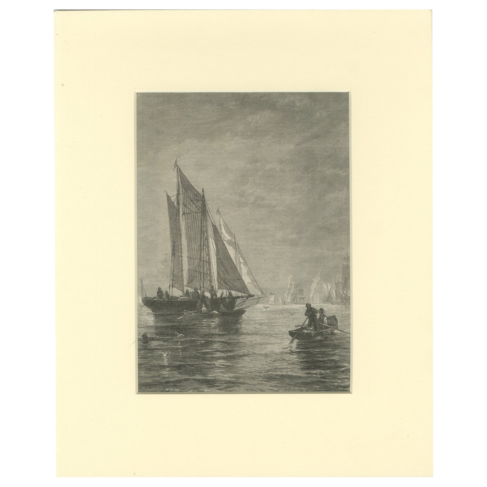 19th-Century Maritime Engraving, Fishing Boats and Rowers at Sea