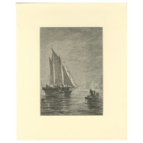 19th-Century Maritime Engraving, Fishing Boats and Rowers at Sea