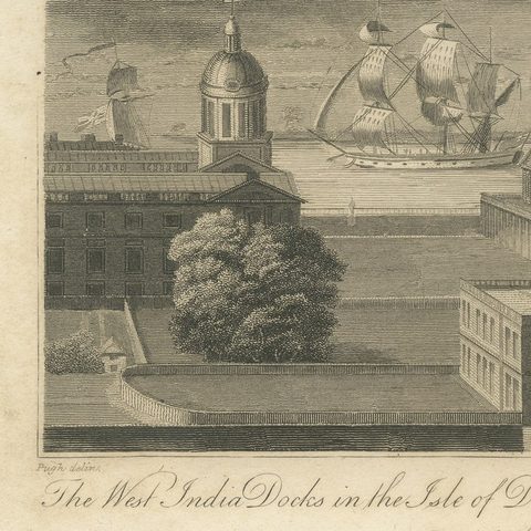 The West India Docks in the Isle of Dogs, Antique London Engraving, 1804, close-up 2