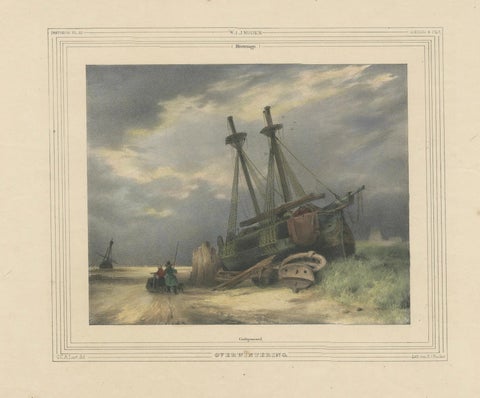 1835 Hand-Colored Lithograph: Stranded Ship in Winter Landscape, close-up 1