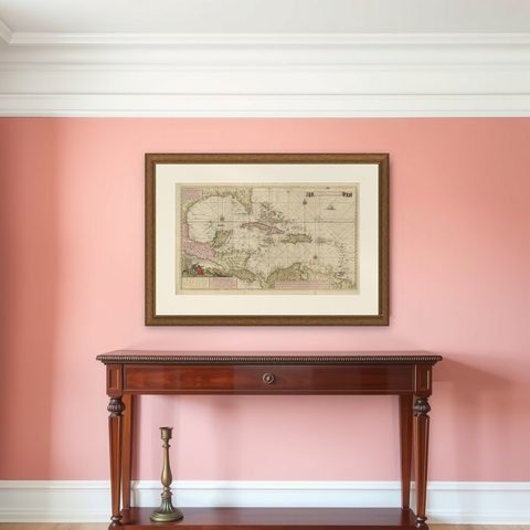 Engraving of a Map of Florida, the Gulf Coast, Caribbean & Central America, 1728, shown framed on a wall
