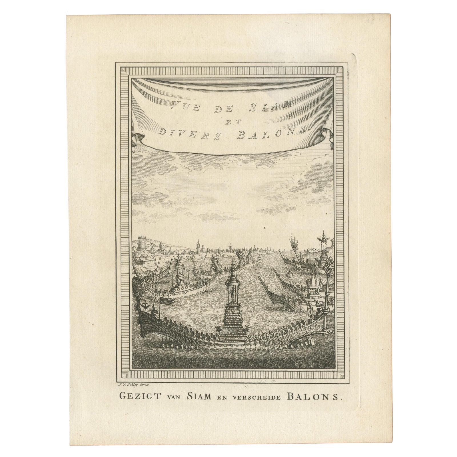 Antique Print of Siam and Various Vessels by Van Schley 'c.1750'