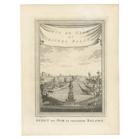 Antique Print of Siam and Various Vessels by Van Schley 'c.1750'