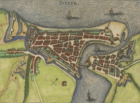 Dieppe, Antique Hand-Coloured French Coastal Town Engraving (1666), close-up 5