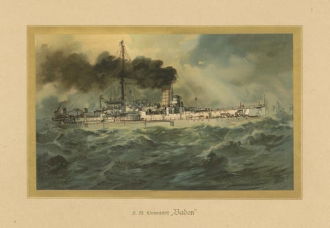 SMS Baden: German Coastal Defense Ship in Turbulent Seas, 1903 Chromolithograph, close-up 4