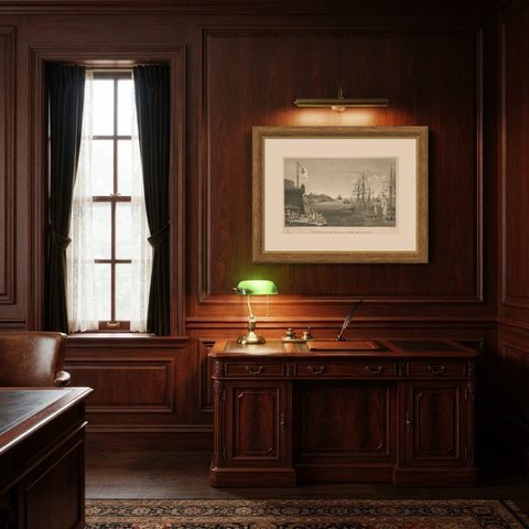 View of the Harbor of Cannes, Engraving by Dubois after Courvoisier, 1784, shown framed in a room