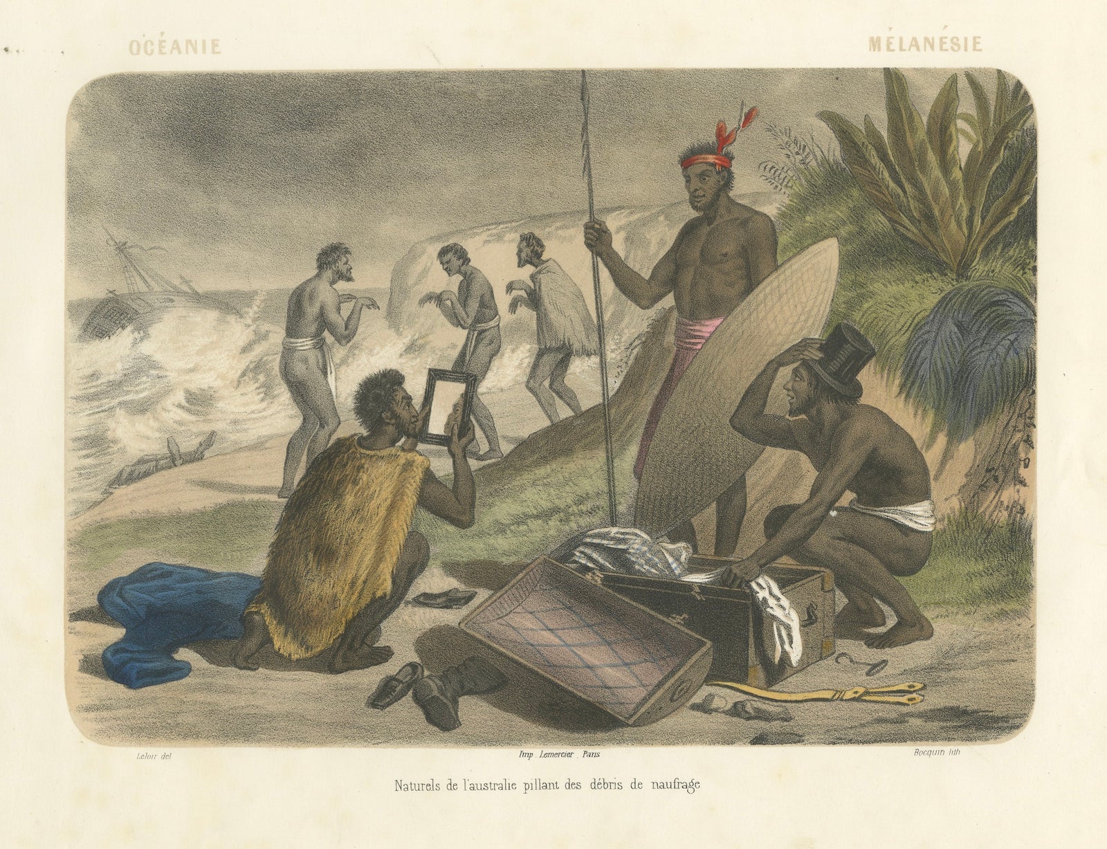 Shipwreck Scene in Melanesia, Islanders Salvaging Wreckage, c.1845