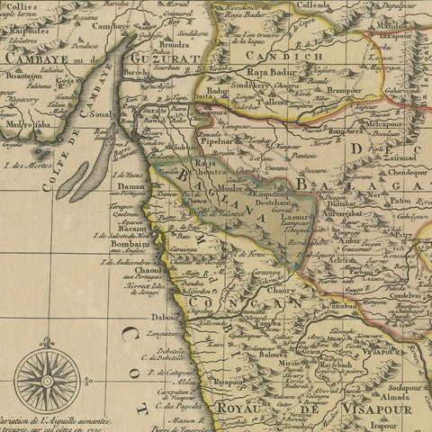 Detailed Decorative Antique Map of the Coast of Malabar and Coromandel, India, close-up 4
