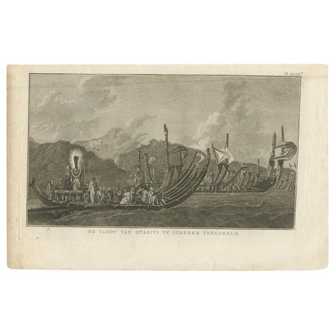 Antique Print of the Fleet of Proas of Tahiti by Cook, 1803