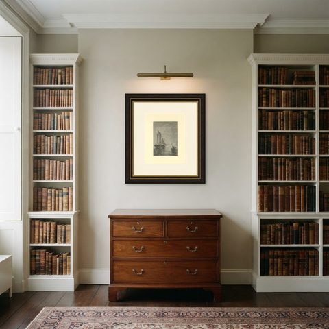 19th-Century Maritime Engraving, Fishing Boats and Rowers at Sea, shown framed in a room