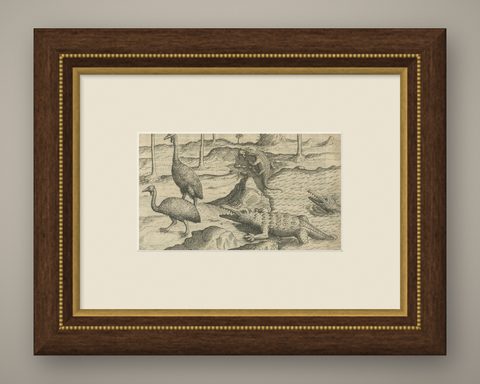 Early Dutch Exploration Scene with Exotic Wildlife and Naval Encounter, 1611, shown framed