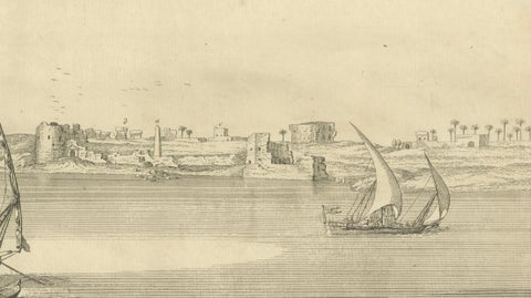 Old Alexandria Harbor, Antique Egypt Engraving by Norden & Tuscher, 1755, close-up 2