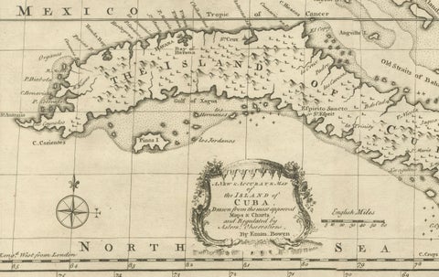 Antique Map of Cuba & Hispaniola, Caribbean Sea Chart by Bowen, 1744, close-up 4