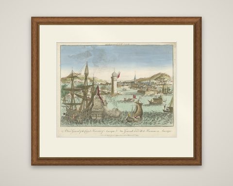 Hand-Colored Vue d’Optique of the Harbour of Havana, Cuba, circa 1770, shown framed