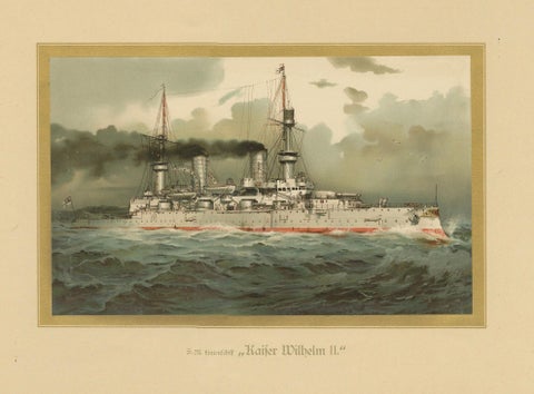 SMS Kaiser Wilhelm II: German Flagship Battleship in Chromolithograph by H. Graf, close-up 4