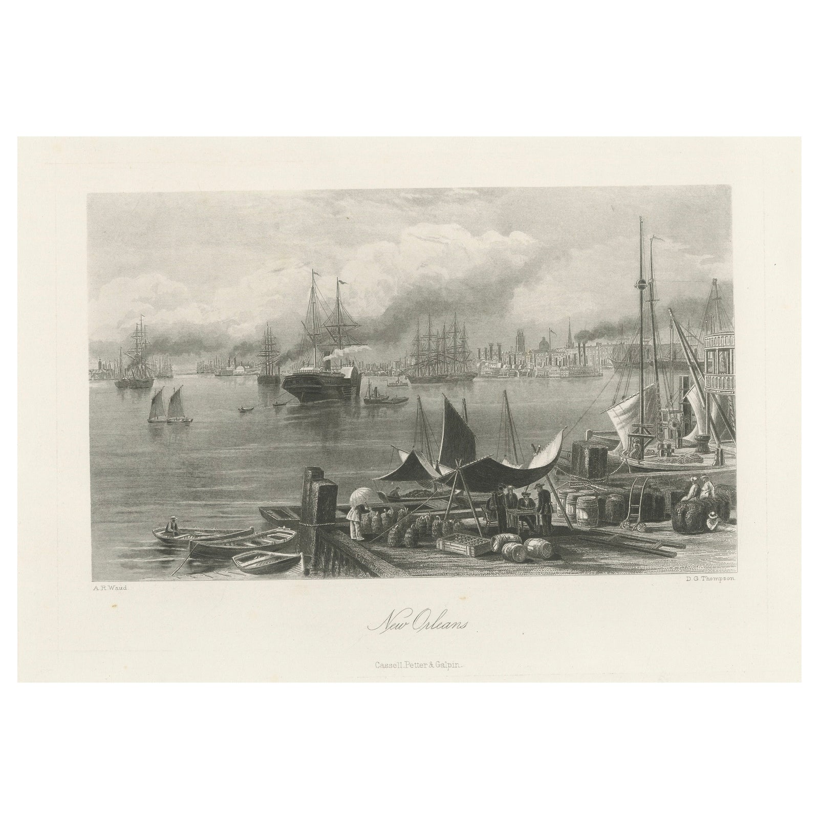 New Orleans Harbor, Mississippi River Shipping and Steamers, Engraving ca.1850