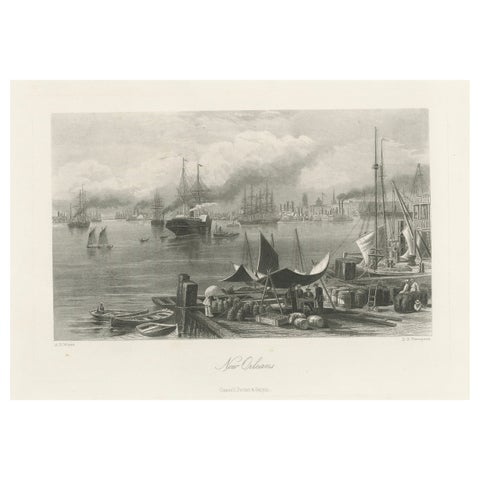 New Orleans Harbor, Mississippi River Shipping and Steamers, Engraving ca.1850