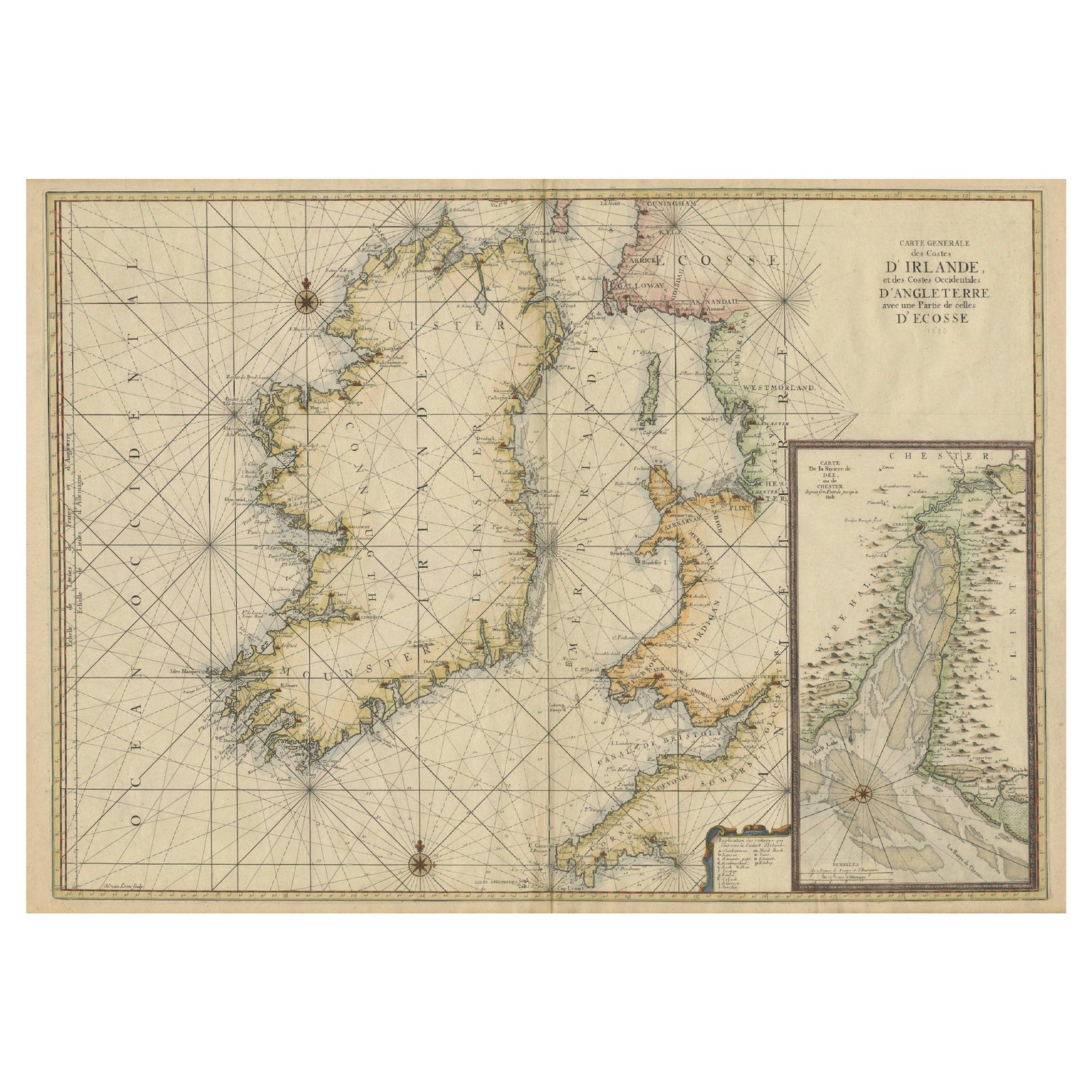 Large 1693 Maritime Map of Irish Sea, West Coasts of Ireland, England, Scotland