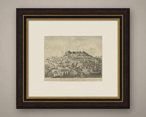 Antique Print of Gibraltar Showing the Spanish and English Fleet, 1782, shown framed