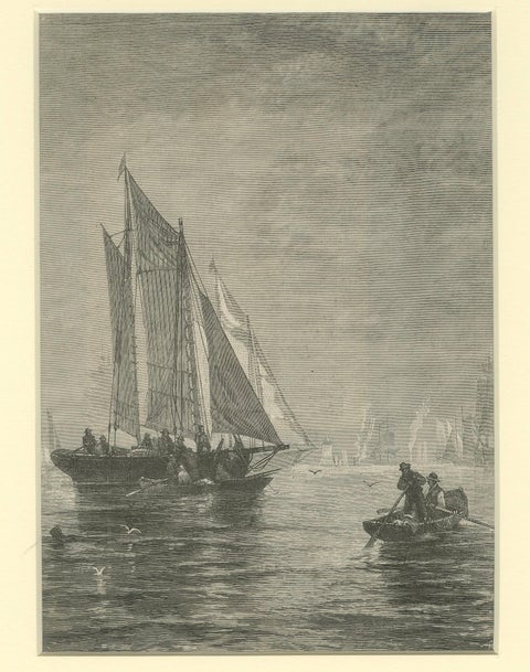19th-Century Maritime Engraving, Fishing Boats and Rowers at Sea, close-up 3