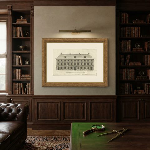 Antique Print of a Maritime Building in Copenhagen in Denmark, 1746, shown framed on a wall