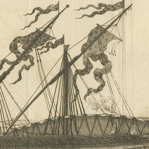Antique Print of an Anchored Ship by Pluche '1735', close-up 2