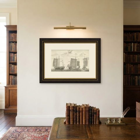 Antique Original Engraving of Chinese Vessels in the 18th Century, 1765, shown framed on a wall