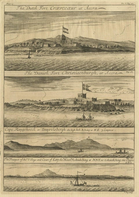 Rare Engraving of Dutch and Danish Forts on the West African Gold Coast, 1744, close-up 1