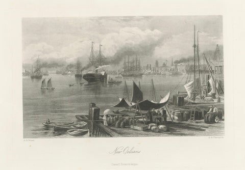 New Orleans Harbor, Mississippi River Shipping and Steamers, Engraving ca.1850, close-up 1