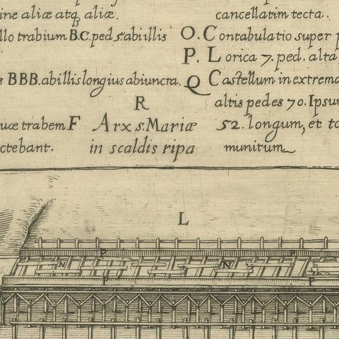 Duke of Parma’s 1585 Ship Bridge Plan: Siege of Antwerp Engineering Print, close-up 3