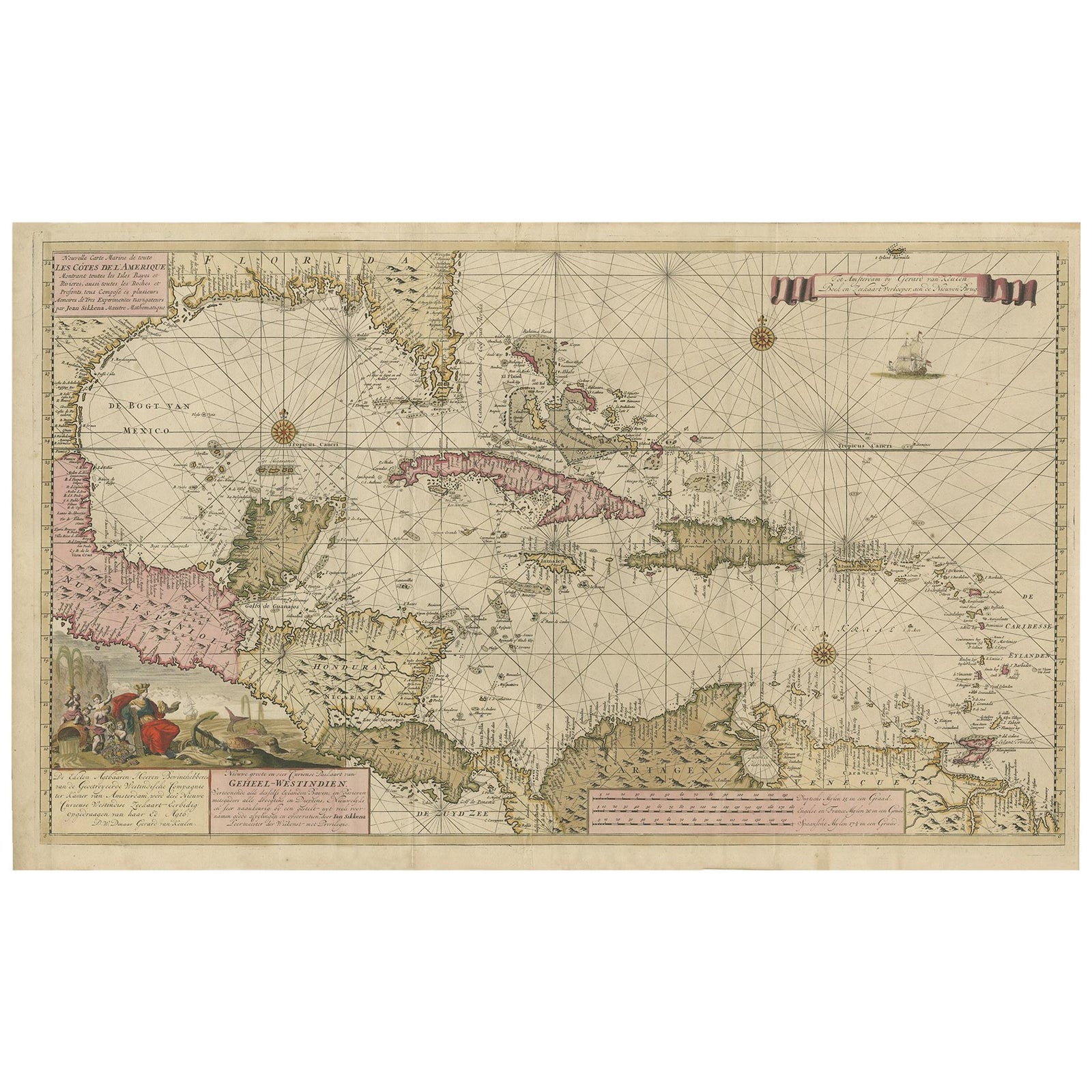 Engraving of a Map of Florida, the Gulf Coast, Caribbean & Central America, 1728
