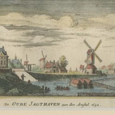 Antique Print of a Harbor Near the Amstel River in Amsterdam, c.1730, close-up 2