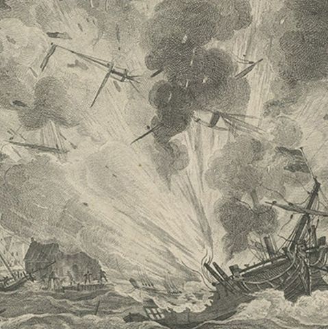 Antique Print of the Exploding of the 'Alphen' in the Harbour of Curacao, 1779, close-up 2