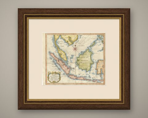 Java, Sumatra & Borneo Map, Bellin & van Schley Decorative Chart, 1750s, shown framed