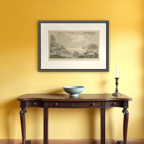 View of the Harbor of St Pierre, Newfoundland, Early French Coastal Engraving, shown framed on a wall
