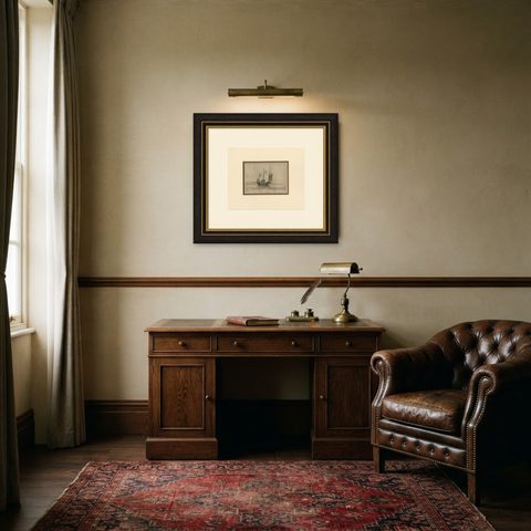 Antique Print of a Chinese Sailing Ship, 1840, shown framed in a room