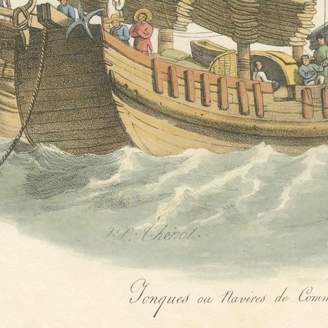 Antique Print of Chinese Junks or Merchant Ships, 1827, close-up 1