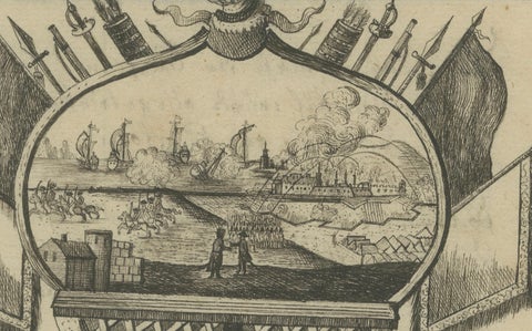 18th-Century German Engraving, Allegory of War, Poem & Naval View, close-up 3