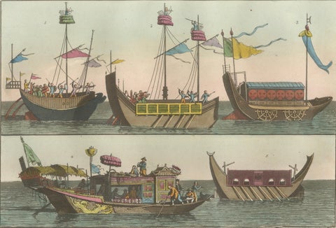 Chinese Boats and River Vessels, Hand-Coloured Ferrario Engraving, 1815, close-up 2