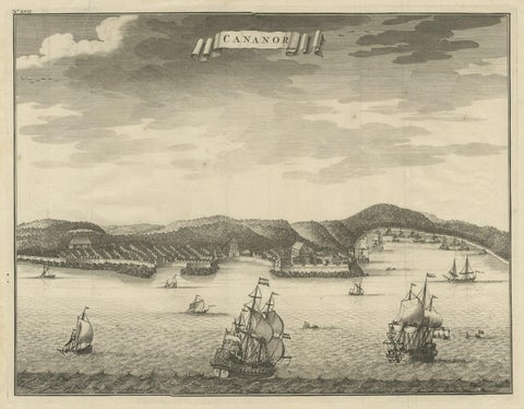 Antique Print of Kannur or Cananore with Ships, in Kerala, India, 1726, close-up 1