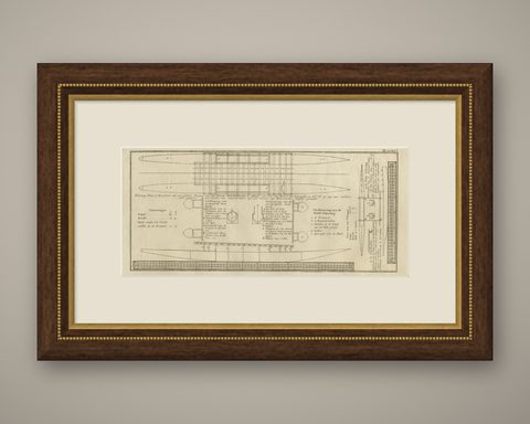 Old Drawing or Plan of a Proa of Amsterdam Island, Now Tongatapu, Tonga, 1803, shown framed