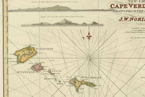 Nautical Chart of Cape Verde Islands by J.W. Norie, 1824 Coastal Map, close-up 1