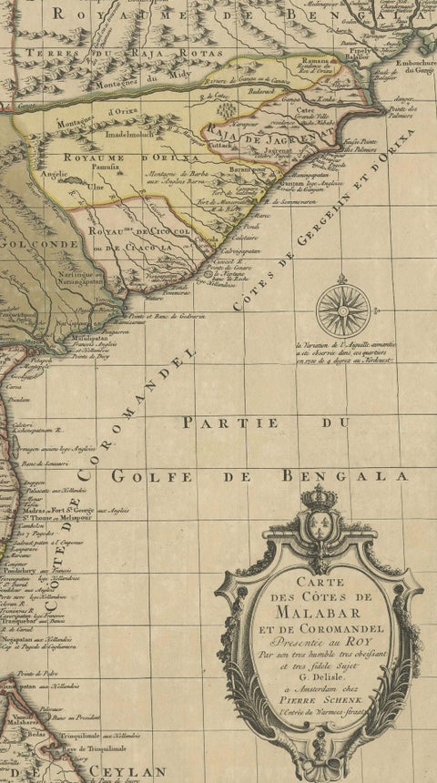 Detailed Decorative Antique Map of the Coast of Malabar and Coromandel, India, close-up 3