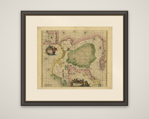 Greenland & North America, Antique Sea Chart by Frederick de Wit, 1745, shown framed