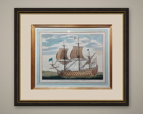 Antique Print of a Naval Vessel by Mortier '1695', shown framed