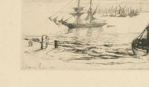 A Brig at Anchor, Thames, Haden, 1870, British Etching Revival, close-up 2