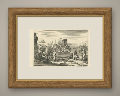Antique Untitled Harbour View 'IV' by J. Wolff, circa 1730, shown framed