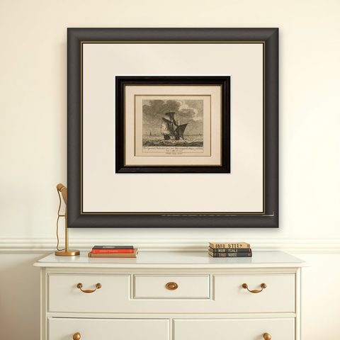 American Privateer Captures an English Packet Boat, 1777 Maritime Engraving, shown framed on a wall